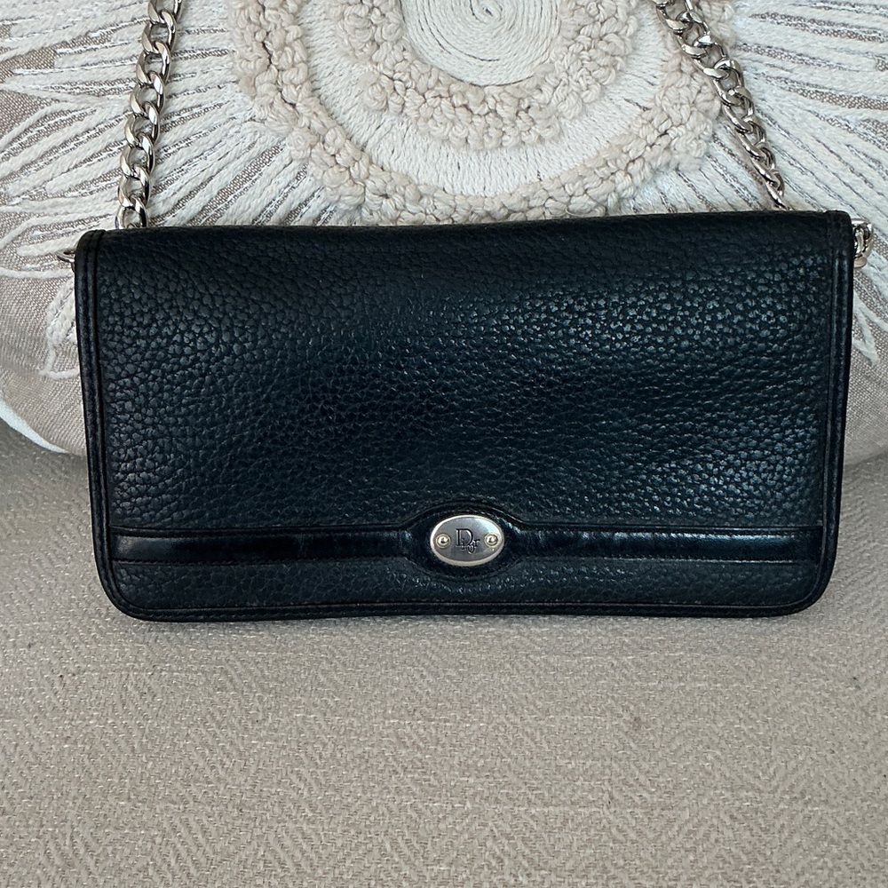 DIOR AUTHENTIC Leather Clutch Wallet Snap Closure Black Pebbled Leather